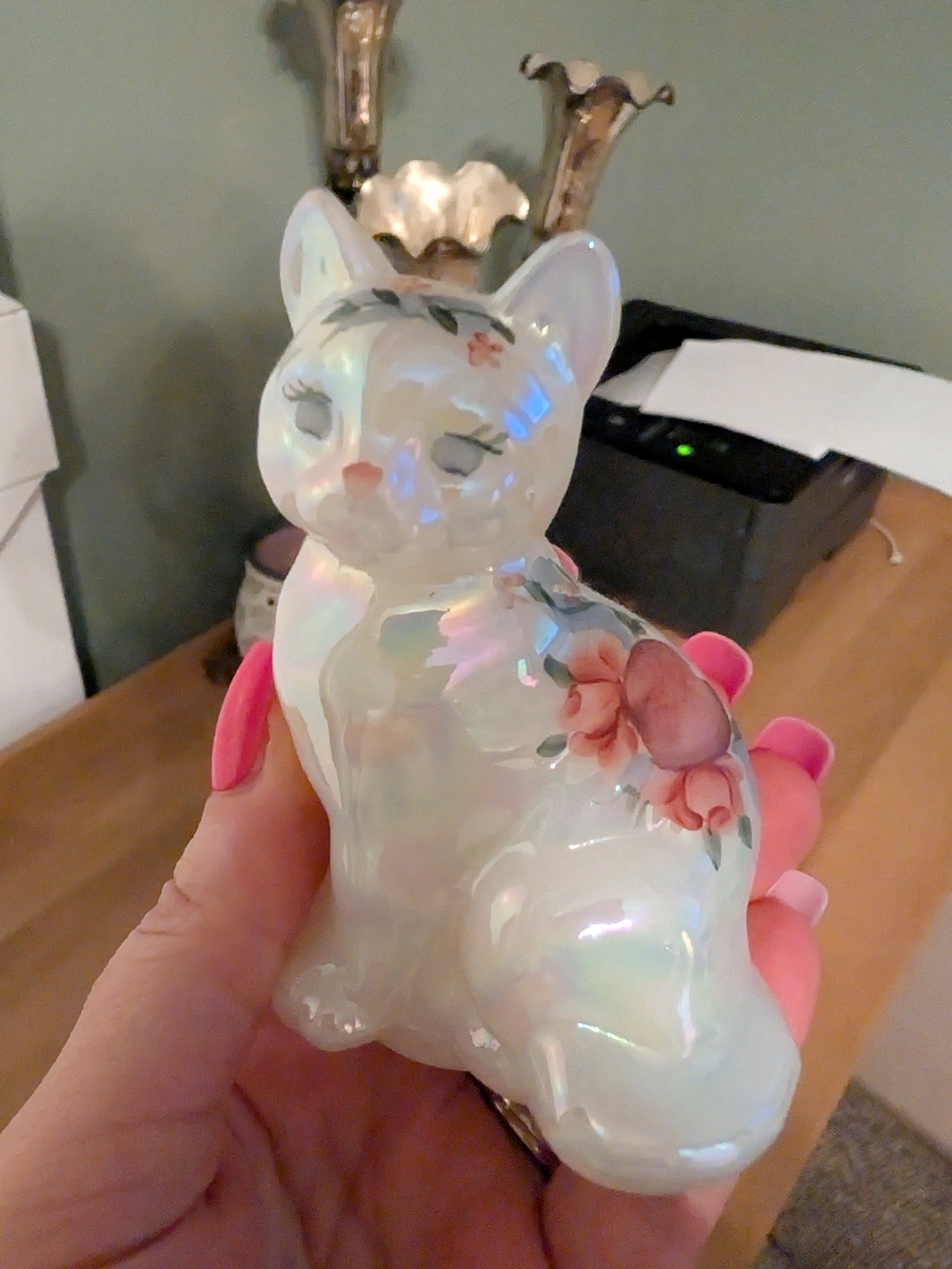 Fenton Hand painted Floral Cat